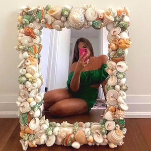 Sunset in Paradise Coastal Shell Mirror - Natural Pearlized White, Green, and Neutral Toned Shells - Rare Assortment - Detailed Pattern
