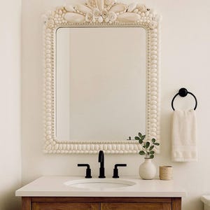 Handmade Seashell Mirror – “Emma Pearlized Shell Mirror” Collection Nautical Coastal Vanity Mantle Mirror