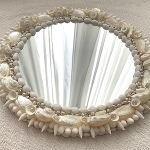 CRISTINA SHELL MIRROR - White & Pearlized Natural Shells -  Handmade Coastal Seashell Wall Décor - Nautical Ocean Beach Water Front Mermaid