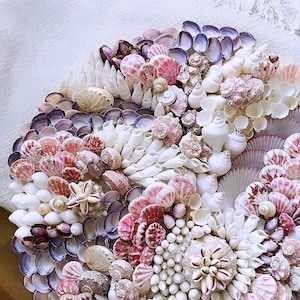 Seashell Wall Mosaic MERMAIDS GARDEN - Hanging Sculpture - Natural Pink Purple Sea Shells Urchins Starfish - Coastal Home Décor Nautical Art
