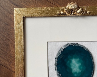 Agate in Gold Gilded Frame - Natural Agate stone in hand gilded gold frame with hand embellished Shell Details Gold Leaf Art Blue Teal Stone