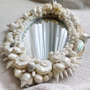 EMMA SEASHELL MIRROR - Natural Sea Shell Mirror Adorned with White and Pearlized Shells- Nautical Coastal Beach Décor