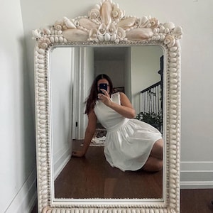 White Pearlized Seashell Mirror - EMMA  SHELL MIRROR - Natural Sea Shell Mirror Adorned Shells  - Handmade Nautical Coastal  Vanity Mirror