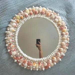 SUMMER BLOOMS Seashell Mirror - Natural White Pink Yellow Orange Red Seashells - Nautical Coastal Beach House Wall Décor Handmade Shell Art