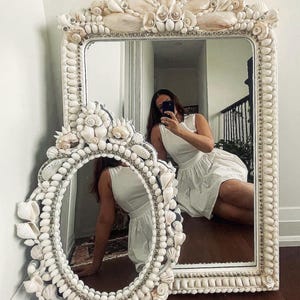 White Pearlized Seashell Mirror - EMMA  SHELL MIRROR - Natural Sea Shell Mirror Adorned Shells  - Handmade Nautical Coastal  Vanity Mirror