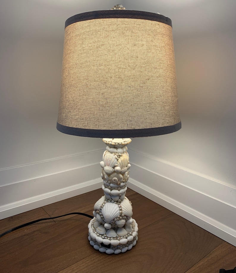 Seashell Table Lamp: Pearlized White Natural Shells, Linen Shade ...
