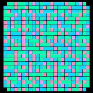 Op de afbeelding: Een abstract patroon met een raster van vierkanten in roze, turquoise en lichtgroen.