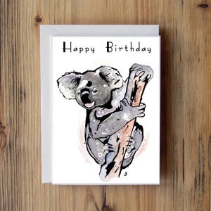 Cartão coala, cartão urso, cartão de aniversário, urso aquarela,