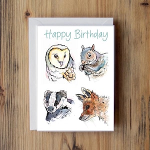 Carte d'anniversaire animaux des bois, blaireau, hibou, écureuil, renard, faune britannique spéciale, unique,