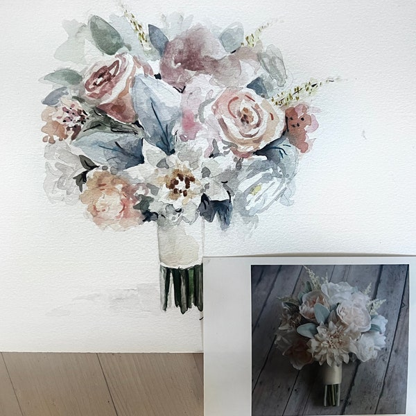 Aquarelle personnalisée de bouquet de mariée peinte à la main, cadeau floral de fleurs sauvages, peinture originale de fleurs à partir d'une photo personnalisée