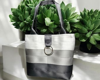 White, Silver and Black  Seat Belt Market Tote
