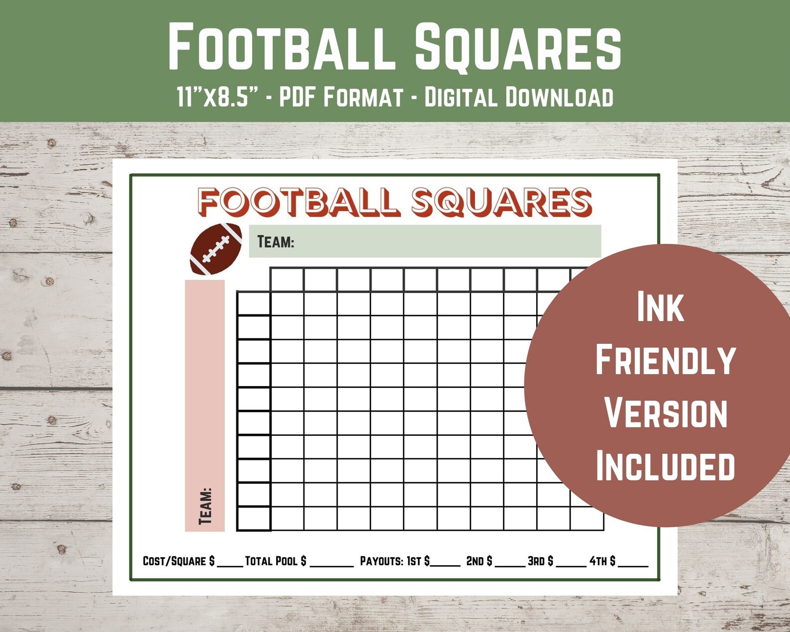 Football Squares Printable Template 100 Square Grid for Etsy