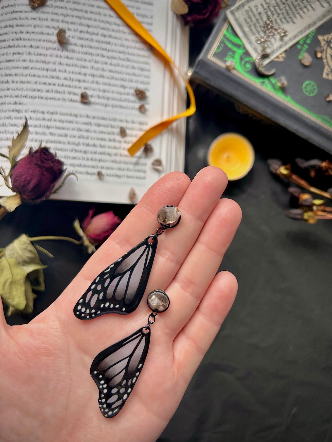 Halfwing Black Butterfly and Gemstone Dangle Stud smokey Quartz Etsy
