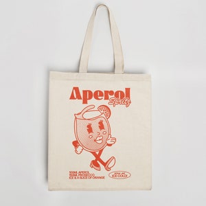 APEROL SPRITZ トートバッグ | 厚手のオーガニックコットン | 再利用可能なバッグ | 環境に優しい | レトロなカクテルトートバッグ | かわいいイラスト