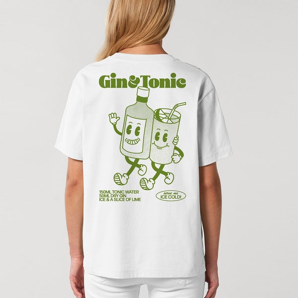 GIN EN TONIC T-shirt | Unisex wit T-shirt | Cocktail-T-shirt | Grafisch T-shirt | Retro Cartoon-T-shirt | Esthetische T-shirt | G&T-cadeau