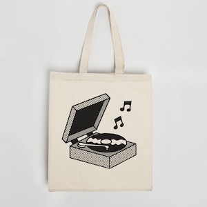 RECORD PLAYER Tote Bag | Heavyweight Organic Cotton | Reusable Bag | Eco Friendly | Retro Tote Bag | Cute Illustration | Vinyl | Music Gift