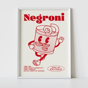 NEGRONI Print | Retro Cocktail Wall Art |  Cute Illustration | Cartoon Character Poster | Bar Decor | Kitchen Decor | Gift | High Quality