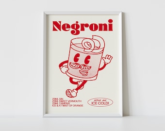 NEGRONI Print | Retro Cocktail Wall Art |  Cute Illustration | Cartoon Character Poster | Bar Decor | Kitchen Decor | Gift | High Quality