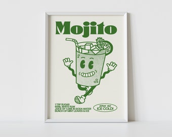 MOJITO Print | Retro Cocktail Wall Art |  Cute Illustration | Cartoon Character Poster | Bar Decor | Kitchen Decor | Gift | High Quality
