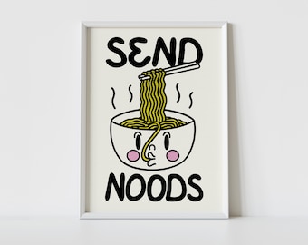 SEND NOODS Print | A4 | A3 | A2 | Funny Wall Art | Ramen Print | Noodle Print | Retro Cartoon Illustration | Bar Decor | Kitchen Decor