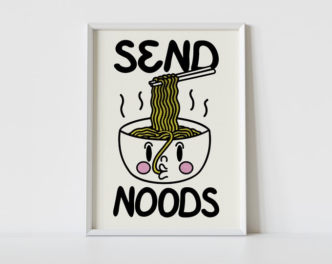 SEND NOODS Print | A4 | A3 | A2 | Funny Wall Art | Ramen Print | Noodle Print | Retro Cartoon Illustration | Bar Decor | Kitchen Decor