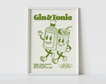 GIN AND TONIC Print | Retro Cocktail Wall Art |  Cute Illustration | Cartoon Character Poster | Bar Decor | Kitchen | G&T | High Quality