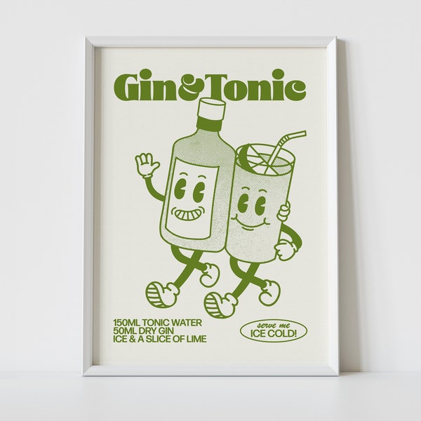 GIN AND TONIC Print | A4 | A3 | A2 | Retro Cocktail Wall Art |  Cute Illustration | Cartoon Character Poster | Bar Decor | Kitchen | G&T