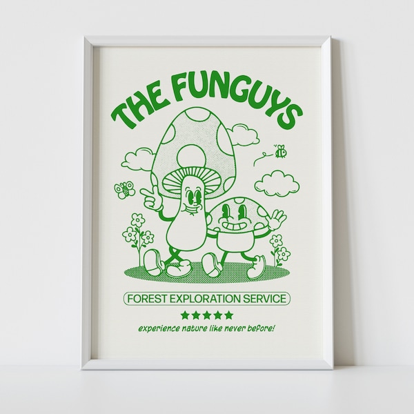 THE FUNGUYS Print | A4 | A3 | A2 | Groovy Wall Art | Retro Illustration | Cartoon Character Poster | Cute Magic Mushroom | Foraging | Nature