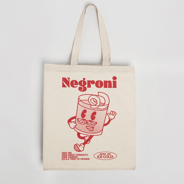 NEGRONI Tote Bag | Heavyweight Organic Cotton | Reusable Bag | Eco Friendly | Retro Cocktail Tote Bag | Cute Illustration