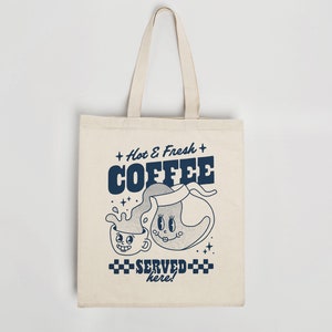 Torba typu Tote HOT & FRESH COFFEE | Ciężka bawełna organiczna | Torba wielokrotnego użytku | Ekologiczna | Torba typu Tote Retro Coffee | Urocza ilustracja | Prezent