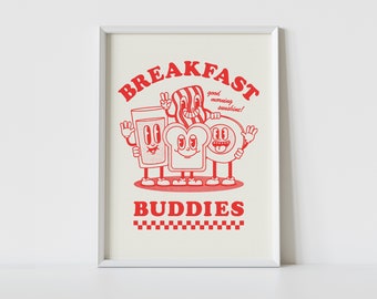 BREAKFAST BUDDIES Print | A4 | A3 | A2 | Retro Wall Art | Cute Illustration | Cartoon Character Poster | Cafe Decor | Kitchen Decor | Gift