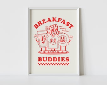 BREAKFAST BUDDIES Print | A4 | A3 | A2 | Retro Wall Art | Cute Illustration | Cartoon Character Poster | Cafe Decor | Kitchen Decor | Gift