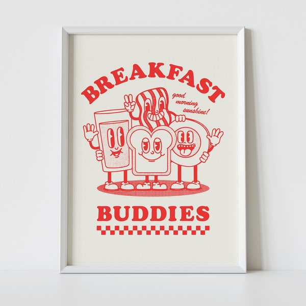 BREAKFAST BUDDIES Print | A4 | A3 | A2 | Retro Wall Art | Cute Illustration | Cartoon Character Poster | Cafe Decor | Kitchen Decor | Gift