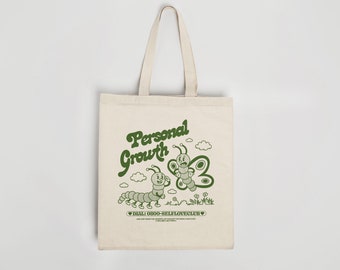 PERSONAL GROWTH Tote Bag | Heavyweight Organic Cotton | Reusable Bag | Eco Friendly | Retro Tote Bag | Cute Illustration | Self Love Gift