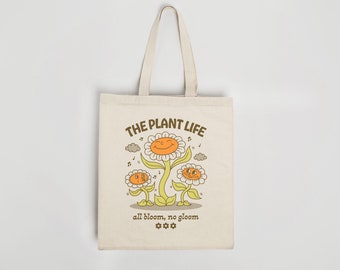 THE PLANT LIFE Tote Bag | Heavyweight Organic Cotton | Reusable Bag | Eco Friendly | Retro Tote | Cute Illustration | Flowers | Nature Lover