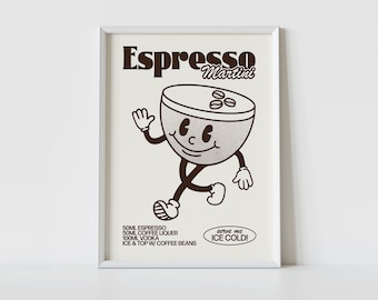ESPRESSO MARTINI Print | A4 | A3 | A2 | Retro Cocktail Wall Art |  Cute Illustration | Cartoon Character Poster | Bar | Kitchen | Coffee