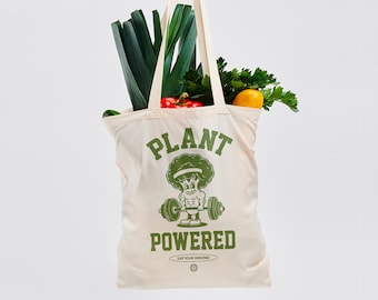 PLANT POWERED Tote Bag | Heavyweight Organic Cotton | Reusable Bag | Eco Friendly | Vegan | Sustainable | Plant Based | Veggie | Gift