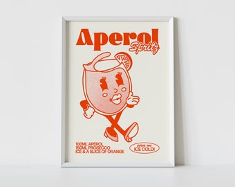 APEROL SPRITZ Print | Retro Cocktail Wall Art |  Cute Illustration | Cartoon Character Poster | Bar Decor | Kitchen Decor | High Quality