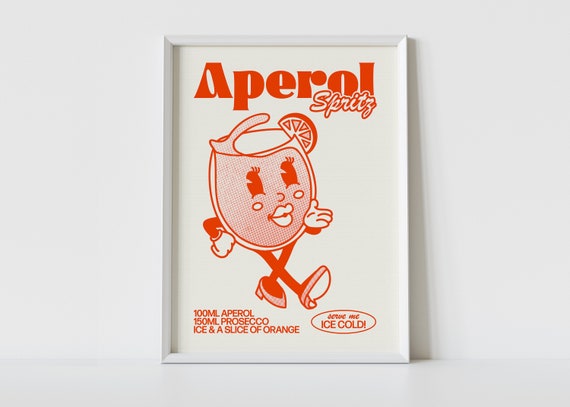 APEROL SPRITZ Print | Retro Cocktail Wall Art |  Cute Illustration | Cartoon Character Poster | Bar Decor | Kitchen Decor | High Quality