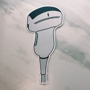 May include: A gray and black medical ultrasound transducer with a long, thin handle.