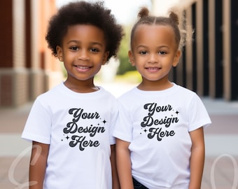 Bella Canvas 3001T Hermano Camiseta negra Mockup Modelos Niño Niño Niña Hermano Hermana Camiseta Mock up Childs Shirt Kids Friends Tee Mockup
