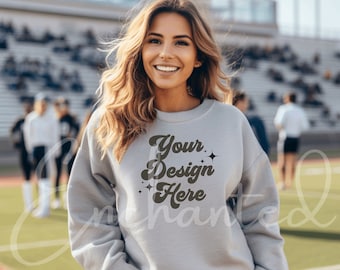 Gildan 18000 Sports Grey Mockup Gildan Sports Gray Sweatshirt Mockup Sweatshirt Model Mockup Gildan Crewneck Mockups 18000 Football Mockup
