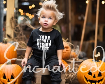Könnte beinhalten: Ein kleines Kind trägt ein schwarzes T-Shirt mit dem Text "YOUR SPOOKY DESIGN HERE" in weiß. Das Kind sitzt auf einem Holzhocker vor Kürbissen.