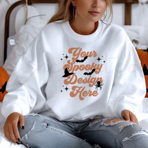 Gildan 18000 White Sweatshirt Mockup White Sweatshirt White Mockup Model Mockup Fall Mockup Halloween Mockup Gildan Mockup Fall Mock up