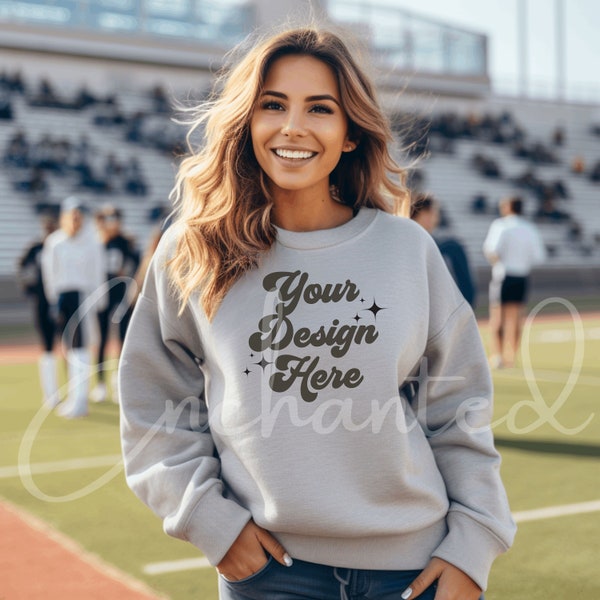 Gildan 18000 Sports Grey Mockup Gildan Sports Gray Sweatshirt Mockup Sweatshirt Model Mockup Gildan Crewneck Mockups 18000 Football Mockup