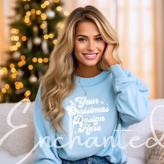 Light Blue Gildan 18000 Sweatshirt Mockup Light Blue Sweatshirt Mock Up Sweatshirt XMas Mockup Model Mockup Holiday Mockup Christmas Mockup