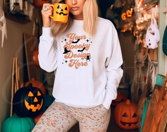 Gildan 18000 White Sweatshirt Mockup White Sweatshirt White Mockup Model Mockup Fall Mockup Halloween Mockup Gildan Mockup Fall Mock up