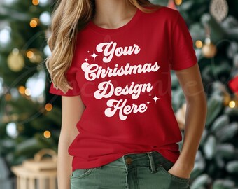 Bella Canvas 3001 Tshirt Mockup Winter Mockup Weihnachten Mockup Shirt Bella Canvas Shirt Rotes Shirt Mockup Model Mockup Xmas MockUp