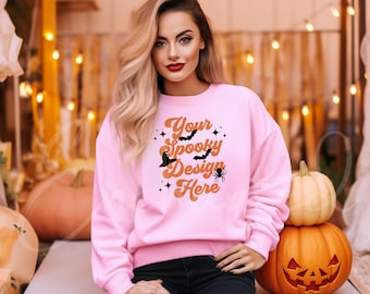 Gildan 18000 Pink Sweatshirt Mockup Pink Sweatshirt Pink Mockup Model Mockup Fall Mockup Halloween Mockup Gildan Mockup