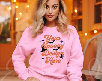 Gildan 18000 Pink Sweatshirt Mockup Pink Sweatshirt Pink Mockup Model Mockup Fall Mockup Halloween Mockup Gildan Mockup
